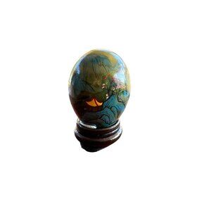 Vintage Oriental Green Marble Egg On Stand Painted Mountain Village River